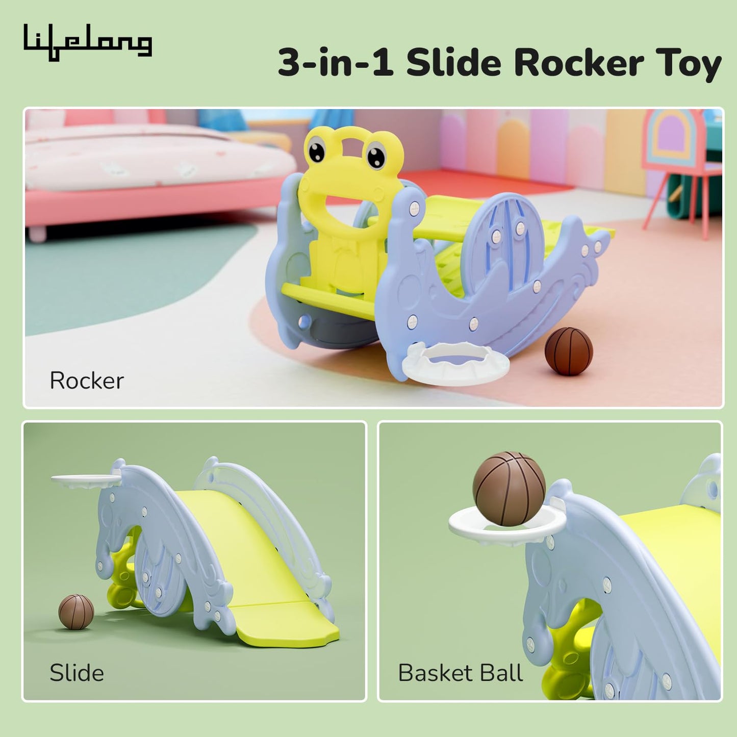 Lazello 3-in-1 Modern Slide, Rocker & Basketball Set for Kids | Safe & Sturdy Playset for Toddlers & Children