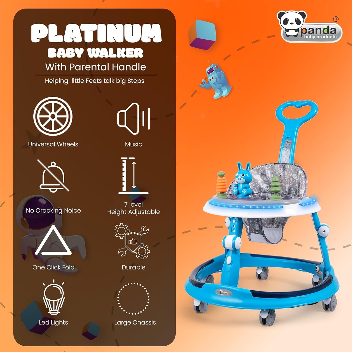 Pibblo Baby Walker for 6 to 24 Months with Convertible Meal Tray & Musical Play Panel – Safe & Fun for Babies
