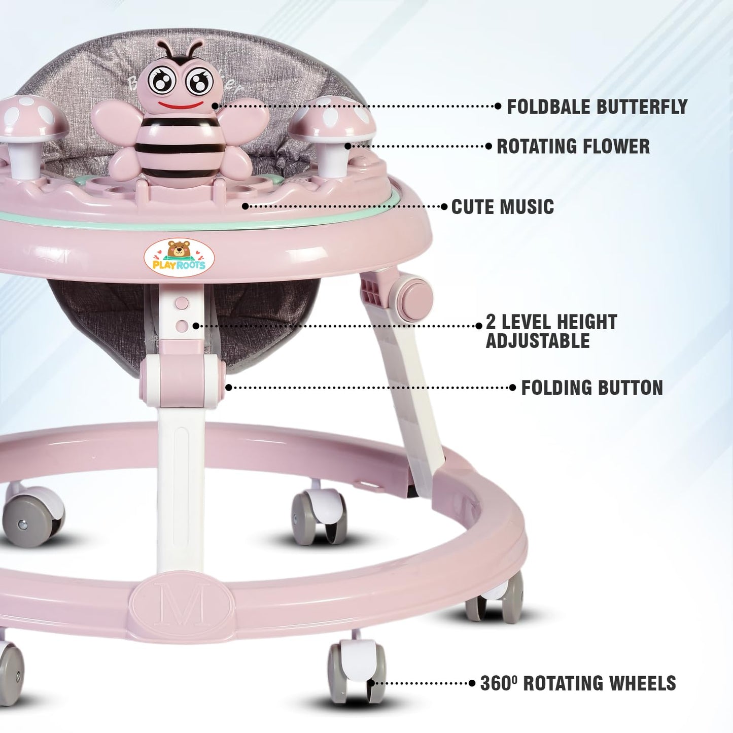 Pebblo Butterfly Baby Walker with Adjustable 2-Level Height, Removable Musical Tray & Light-Up Features for Infants